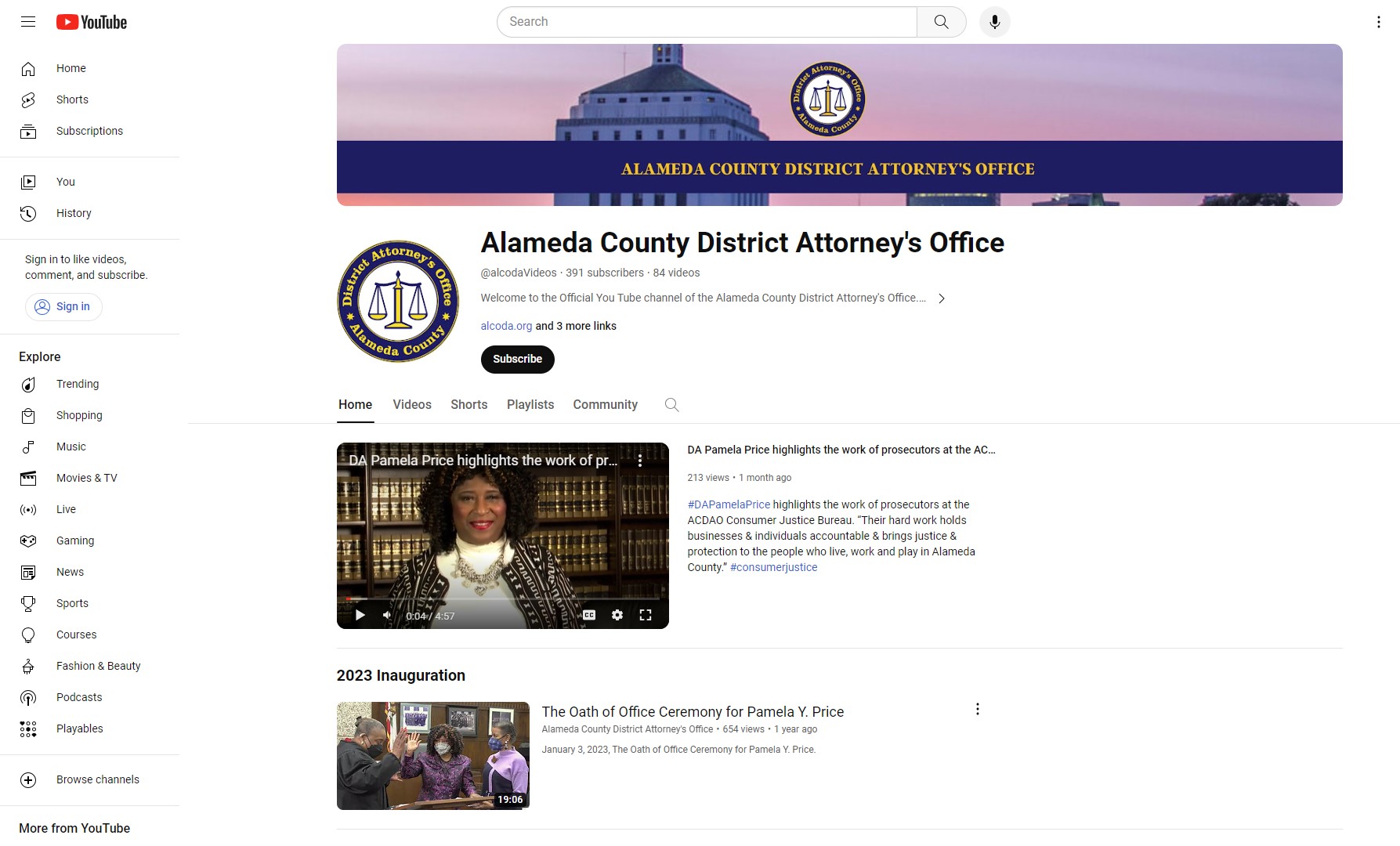 Snapshot of Alameda County District Attorney's Youtube profile listing all of the video content