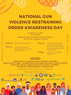 A flyer for 'National Gun Violence Restraining Order Awareness Day' held on Friday, June 2, 2023, at the Alameda County Family Justice Center in Oakland, CA. The event schedule includes presentations starting at 12:00 p.m. and continuing until 1:00 p.m. Hosts listed are Pamela Price, Karla Elias, and others from the legal and justice communities. The flyer is bright yellow with illustrations of diverse people at the bottom and logos of partner organizations at the top and bottom.